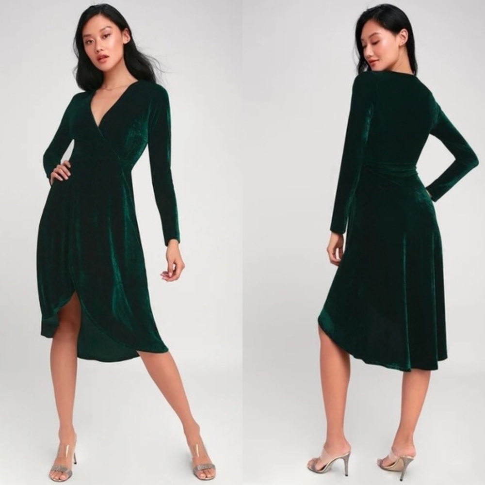 Lulu’s Silver Screen Emerald Green Velvet Long Sleeve Midi Dress Size Large